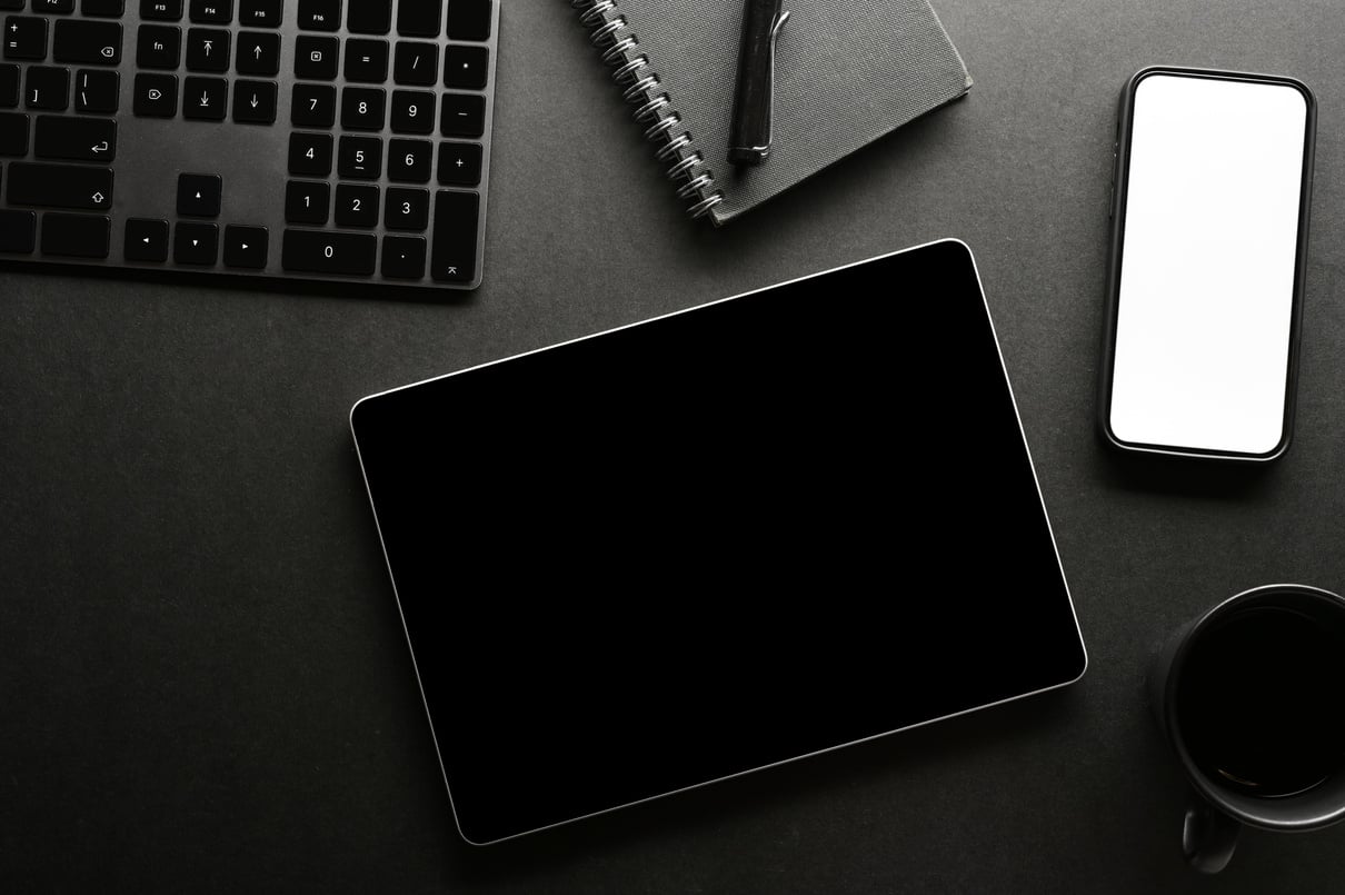 Minimal Black Office Workspace Background with Smartphone Mockup